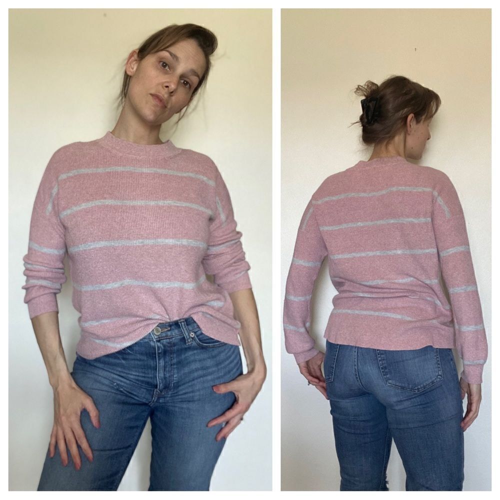 American Eagle Sweater Pink Grey Stripe Ribbed Small Oversized Slouchy